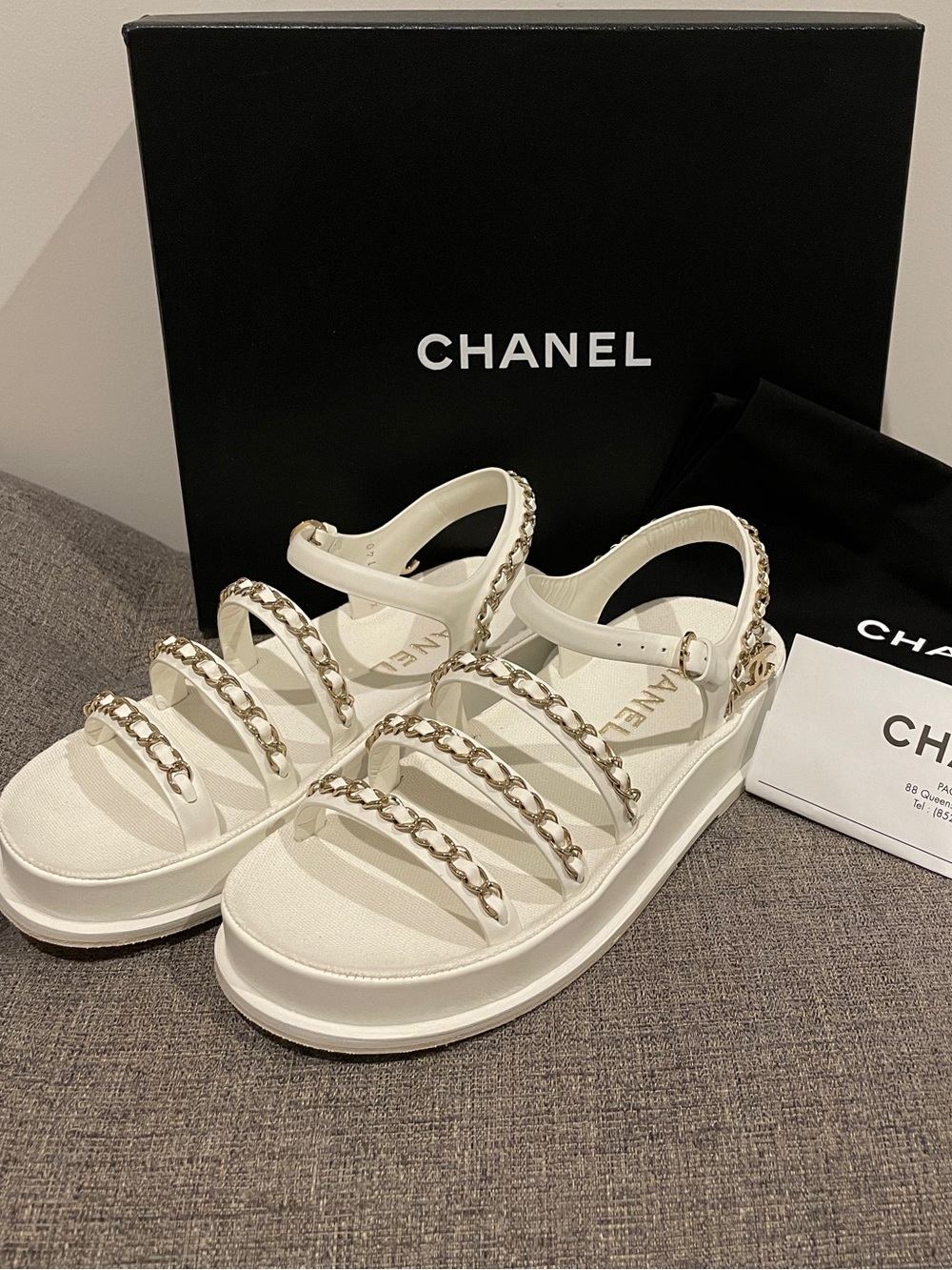 Chanel White Strappy Platform Sandals Gold Chains and CC Logo